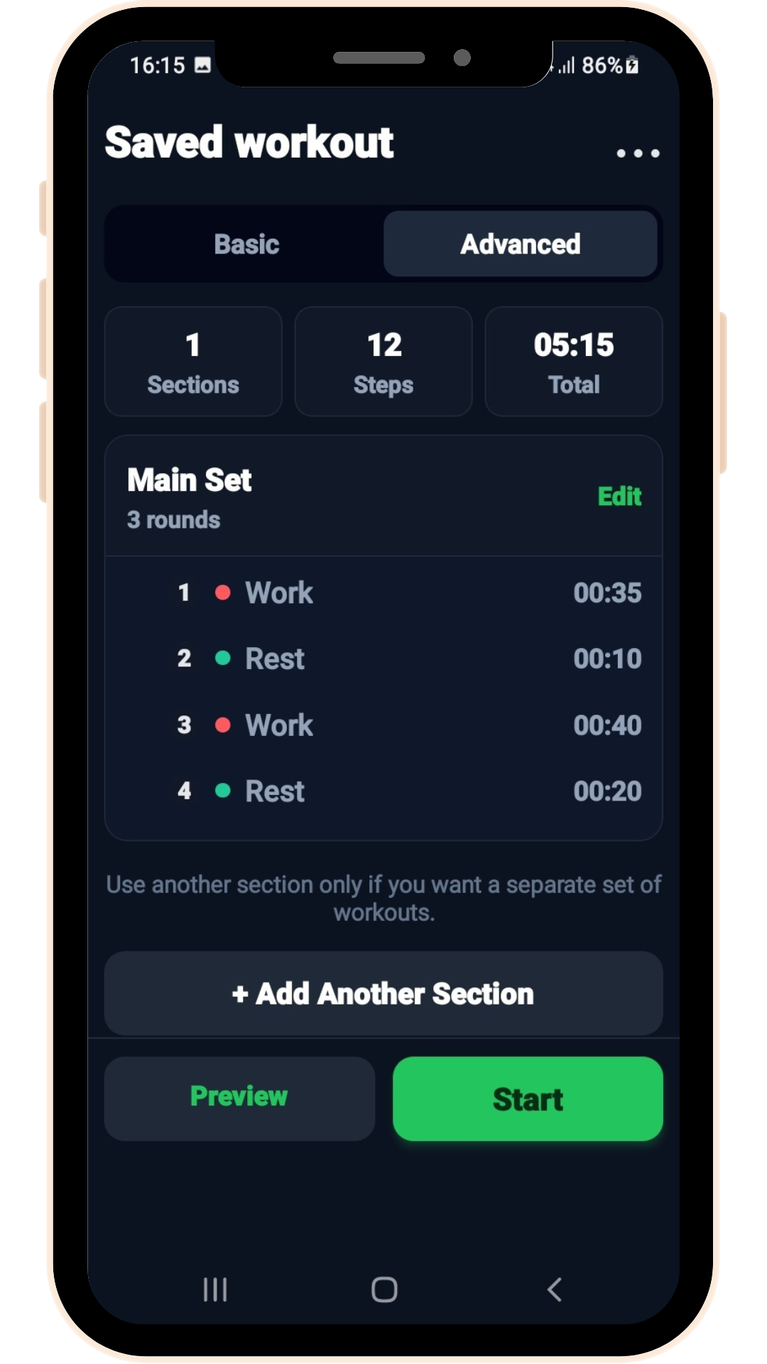 TempoFit advanced setup screen
