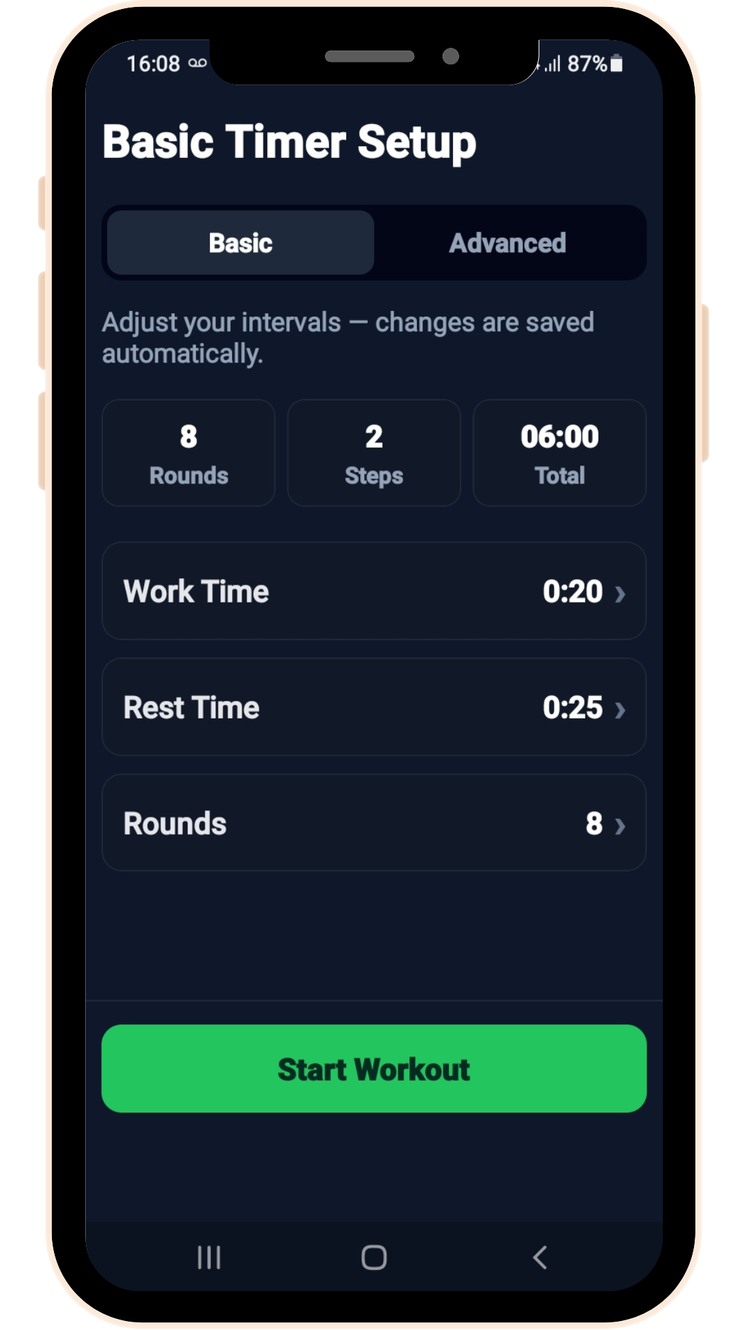 TempoFit basic setup screen