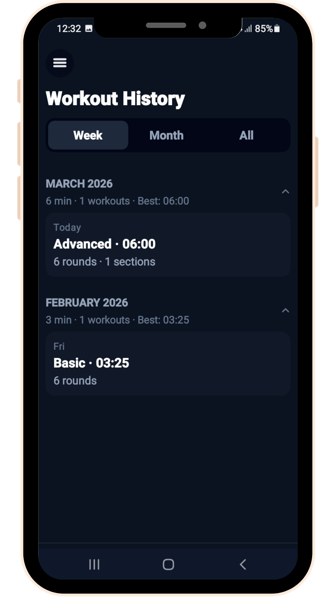 TempoFit workout history screen