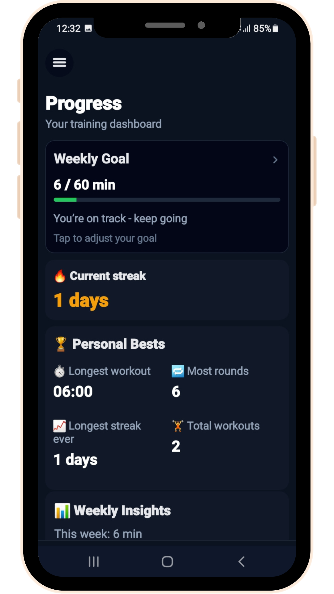 TempoFit progress stats screen